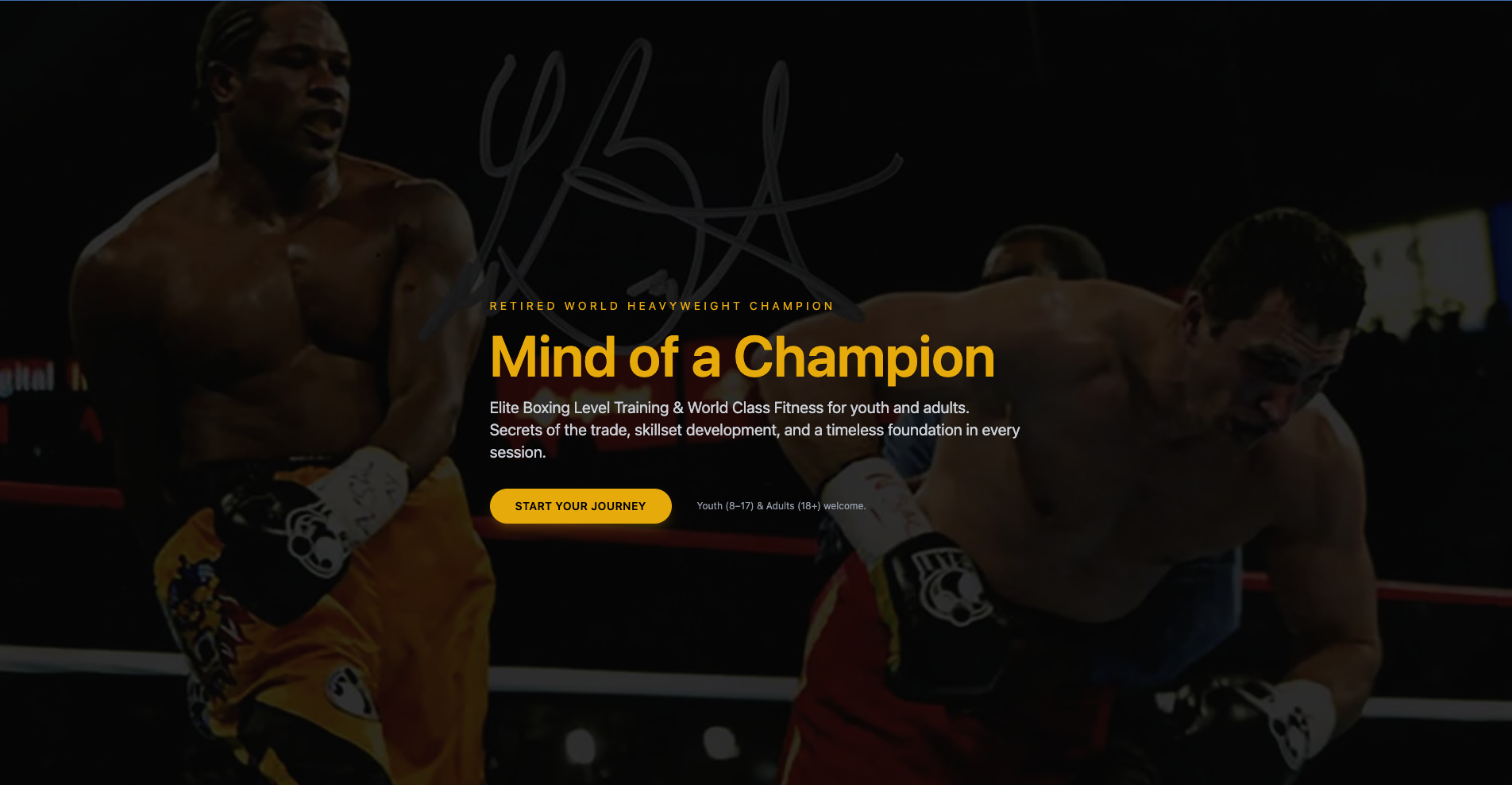 Lamon Brewster homepage hero: a dark ring photo behind the gold headline “Mind of a Champion” and a “Start your journey” button.
