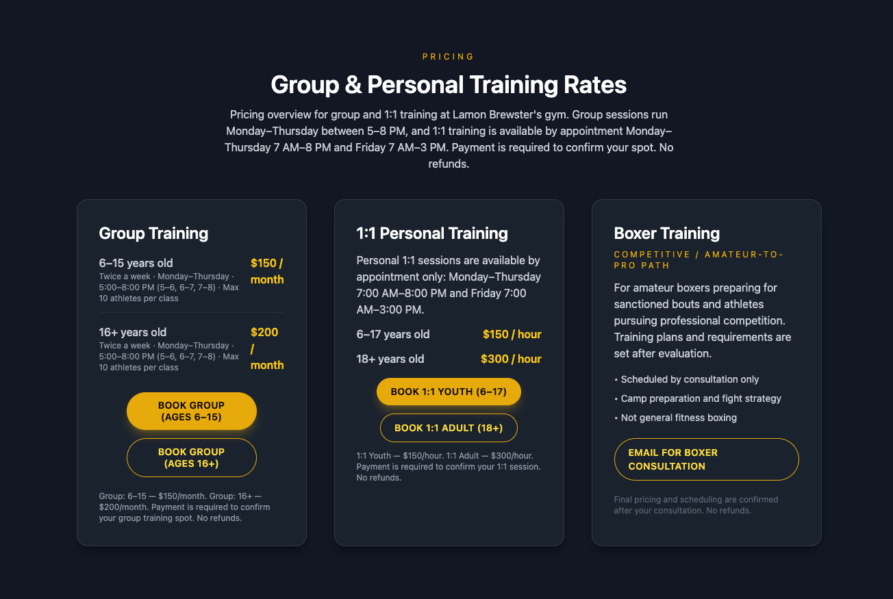 Pricing section with three cards for Group Training, 1:1 Personal Training, and Boxer Training, each with booking buttons.
