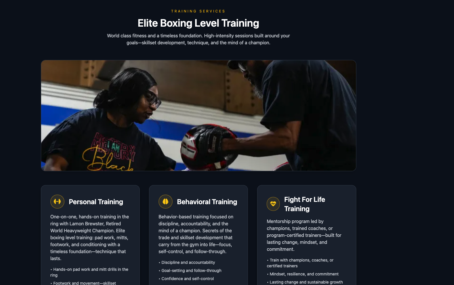 Training services section with a photo of mitt work above cards for Personal, Behavioral, and Fight For Life training.